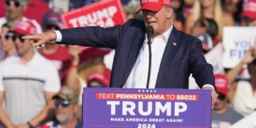 Former President Donald Trump at his rally where an assassination attempt was made on him.